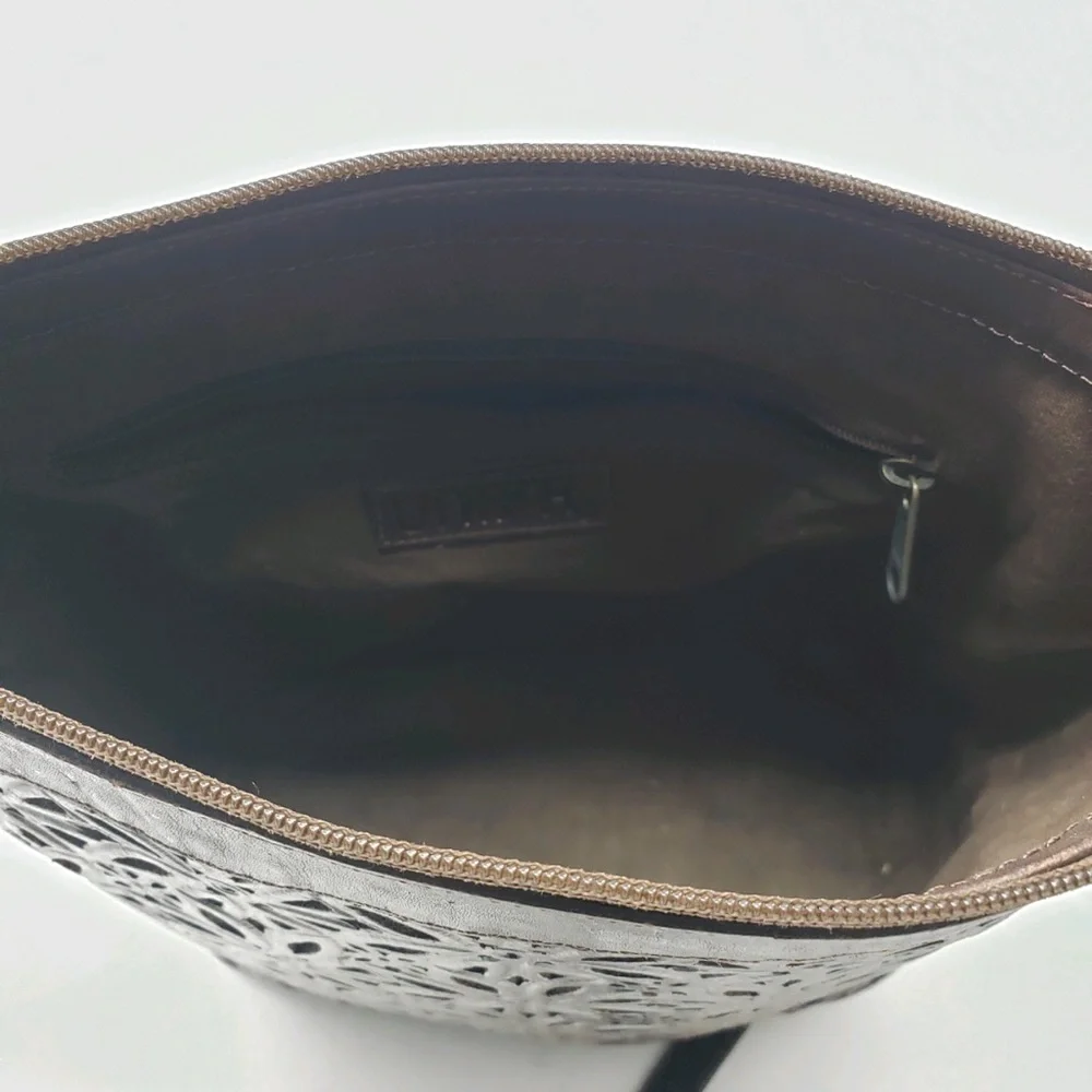 Unisa Brown Leather Purse Laser Cut Floral Pattern Zipper Close. - Picture 9 of 10